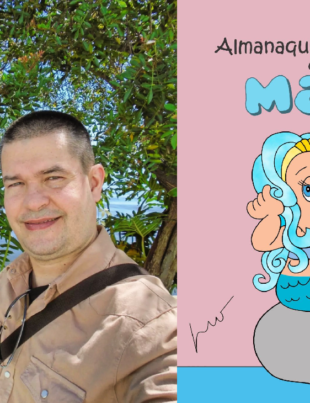 Foto-montagem do autor do livro Leó Valença e a capa do Almanaque Ecológico da Mari.