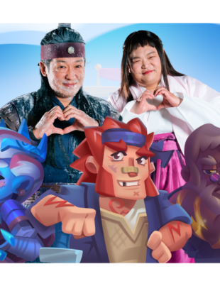 Imagem da campanha para o jogo Rush Royale com Heo Sung-Tae e Ko Kyu-Pil.