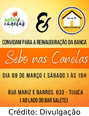 Banner de divulgação da reinauguração da banca Sebo nas Canelas Oficial.