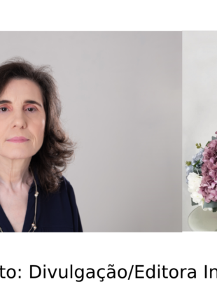 Foto-montagem da escritora Margareth Tassinari e seu livro Por um Vaso de Hortênsias.