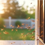 Foto de enxame de mosquitos no vidro de uma janela.