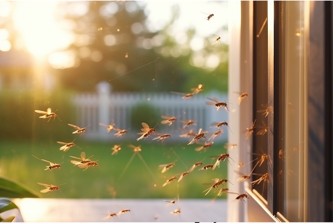 Foto de enxame de mosquitos no vidro de uma janela.