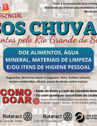 Banner de divulgação de campanha de arrecadação dos Rotaracts Clubs de Cândido Mota e Tupã-Vanuire