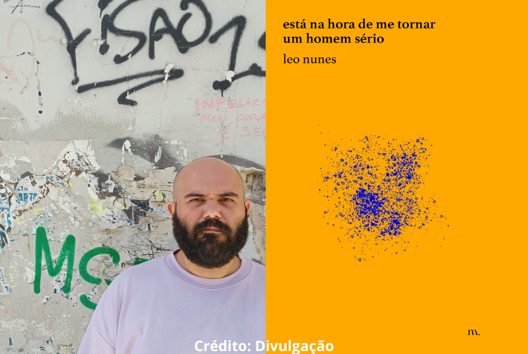 Foto-montagem do escritor Leo Nunes e seu livro Hora de me Tornar um Homem Sério.