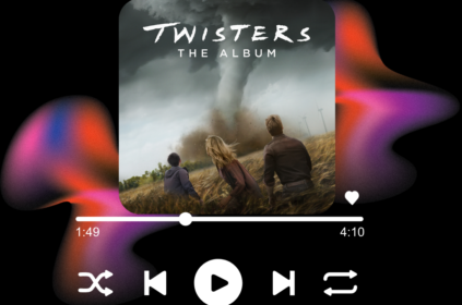 Imagem-montagem com capa do álbum de trilha sonora do filme Twisters.