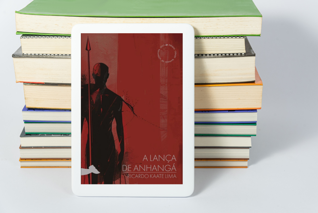 Imagem-montagem com capa do livro Lança de Anhangá.