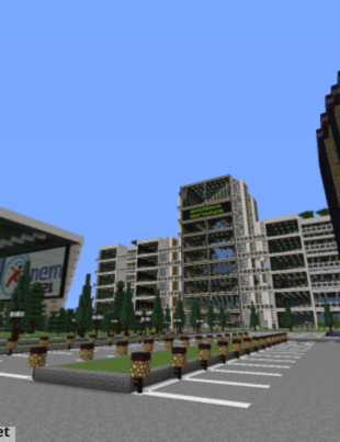 Imagem da Universidade Craftsapiens construída dentro do Minecraft.