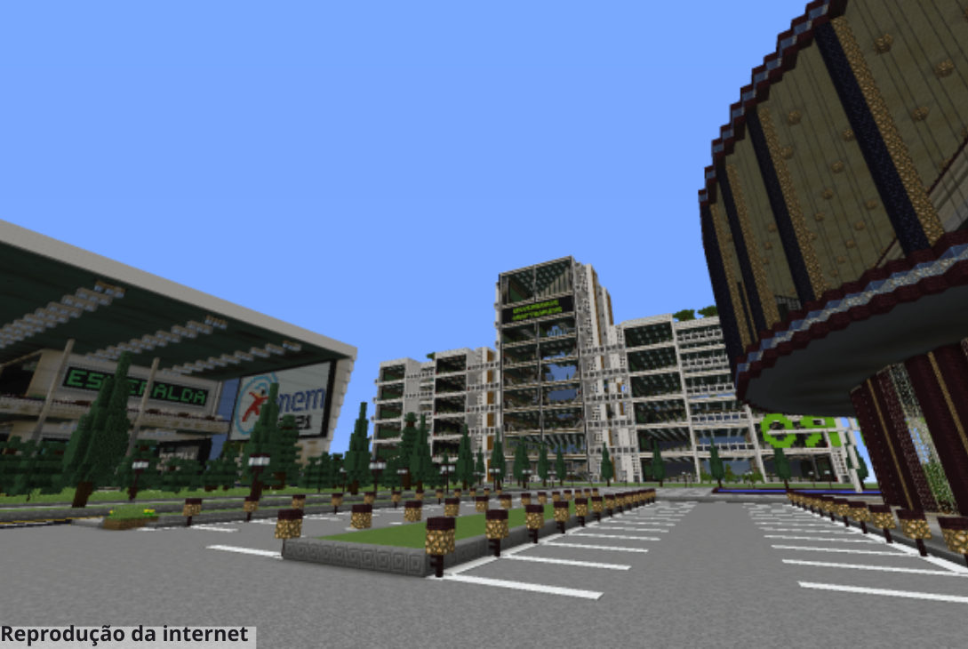 Imagem da Universidade Craftsapiens construída dentro do Minecraft.