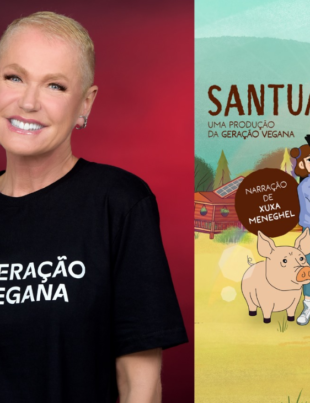 Foto-montagem da cantora Xuxa ao lado da capa do curta vegano.