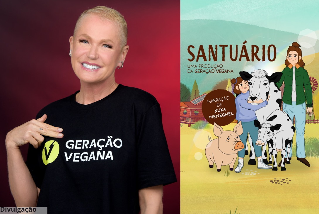 Foto-montagem da cantora Xuxa ao lado da capa do curta vegano.