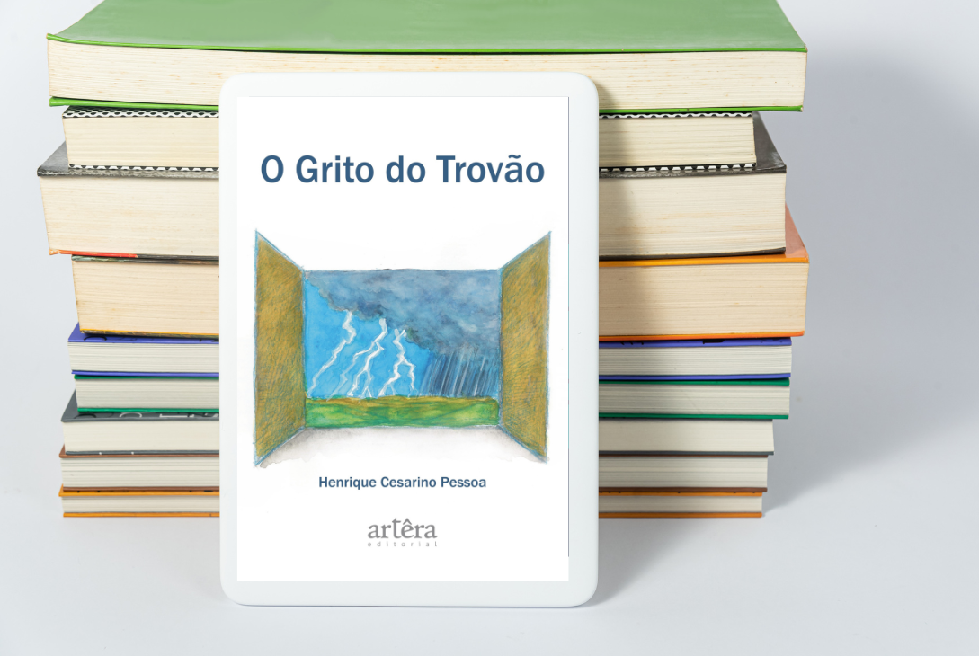 Imagem-montagem com capa do livro OGrito do Trovão.