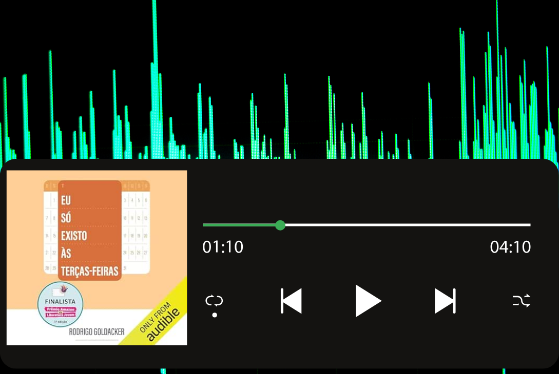 Imagem-montagem com capa de audiobook escrito por Rodrigo Goldacker.