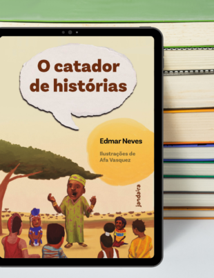 Imagem-montagem com capa do livro O catador de histórias.