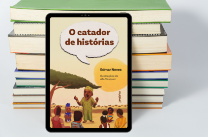 Imagem-montagem com capa do livro O catador de histórias.