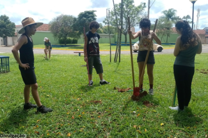 Foto do plantio de mudas de ipês-brancos realizado pelo clube interactiano.