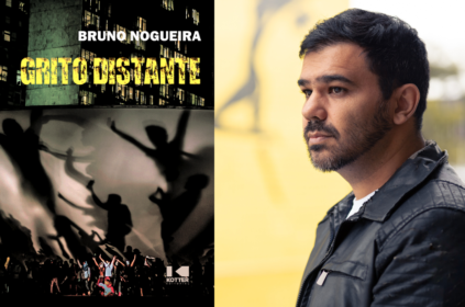 Foto do autor do livro Bruno Nogueira ao lado da capa do livro Grito Distante.