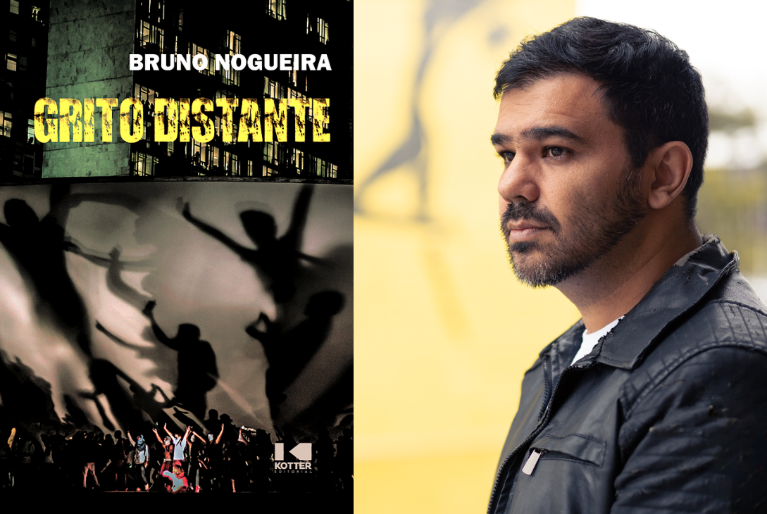 Foto do autor do livro Bruno Nogueira ao lado da capa do livro Grito Distante.