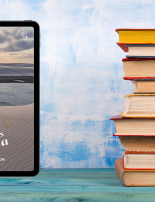 Imagem-montagem com capa do livro Pés Descalços na Areia.