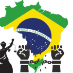 Ilustração da representação simbólica do Brasil pós-abolição: o rompimento das correntes da escravidão, a presença da Justiça e a luta por reparações ainda não realizadas