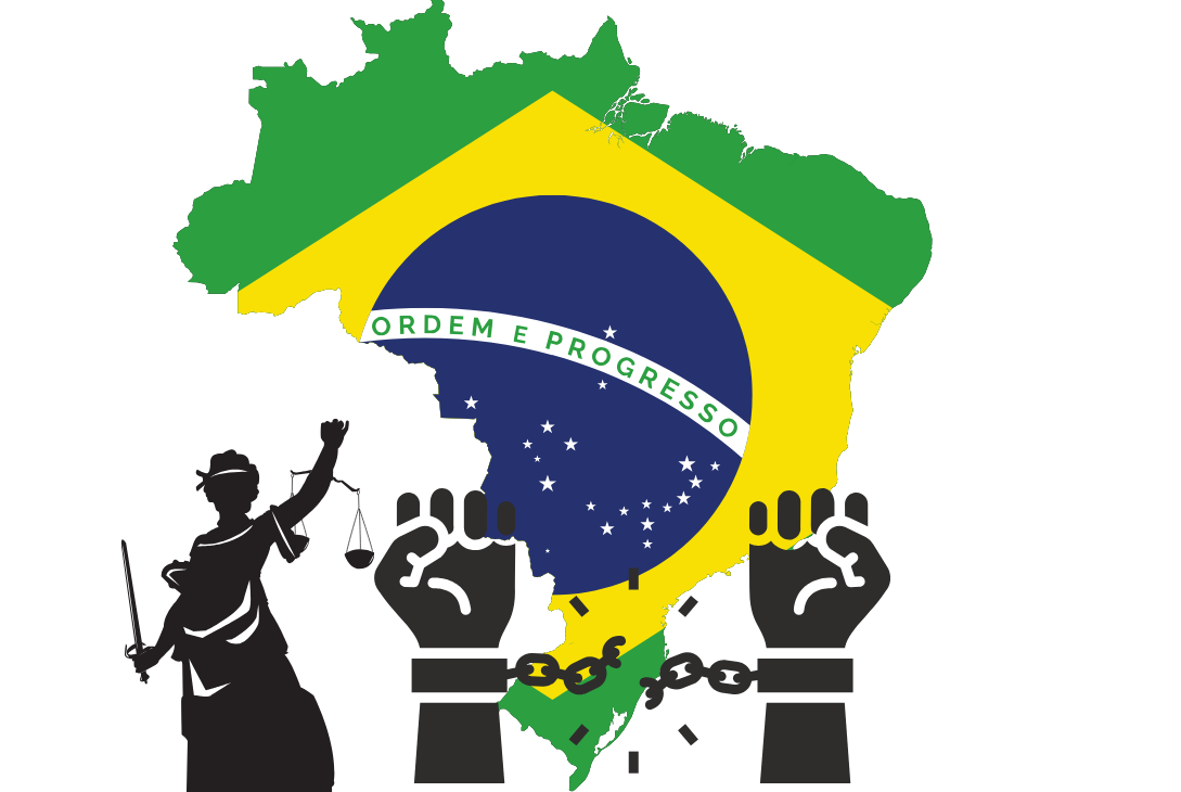 Ilustração da representação simbólica do Brasil pós-abolição: o rompimento das correntes da escravidão, a presença da Justiça e a luta por reparações ainda não realizadas
