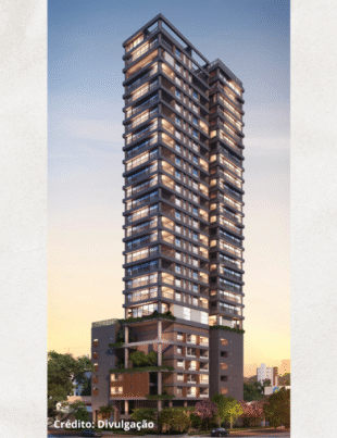 A foto mostra o edifício EMIIE Moema, um empreendimento residencial de alto padrão localizado no bairro de Moema, em São Paulo, que se destaca pelo seu design contemporâneo e verticalidade marcante.
