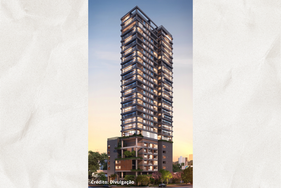 A foto mostra o edifício EMIIE Moema, um empreendimento residencial de alto padrão localizado no bairro de Moema, em São Paulo, que se destaca pelo seu design contemporâneo e verticalidade marcante.