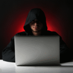 Foto ilustrativa de um criminoso usando o computador para dar golpes.