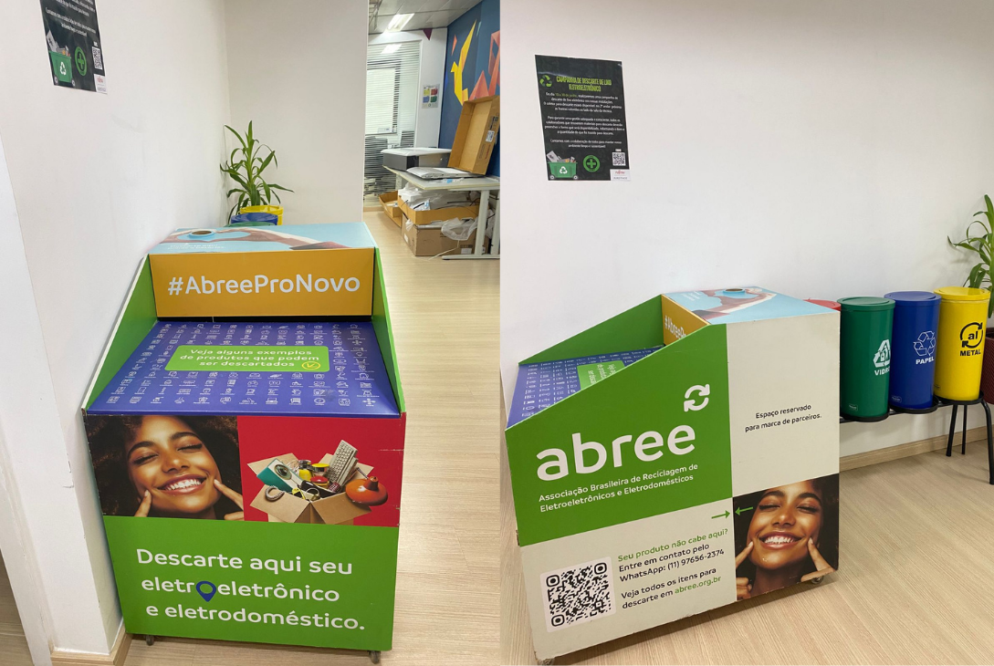 Fotos de lixeira de descartes eletrônicos da ABREE;