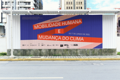 Foto-montagem com banner de divulgação do seminário Mobilidade Humana e Mudança do Clima.