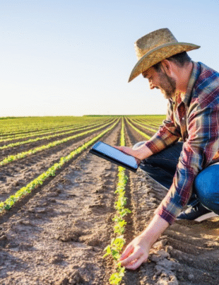 Foto ilustrativa de um homem mexendo no celular ao mesmo tempo que vistoria a sua colheita no campo.