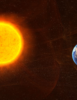 Imagem ilustrativa do sistema solar com foco no Sol e no planeta Terra.