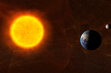 Imagem ilustrativa do sistema solar com foco no Sol e no planeta Terra.