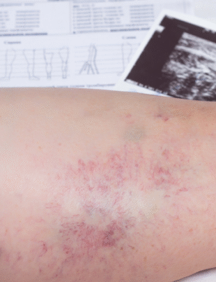 Imagem ilustrativa de uma perna com trombose e um exame de raio-x ao lado.