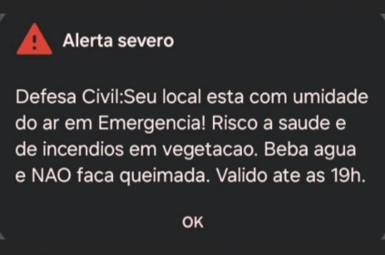 Captura de tela de alerta da Defesa Civil enviado via celular..