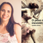Foto-montagem com escritora e capa do livro.