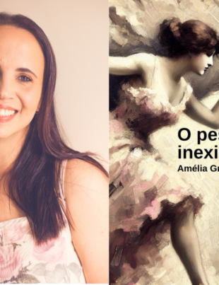 Foto-montagem com escritora e capa do livro.