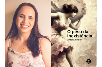 Foto-montagem com escritora e capa do livro.