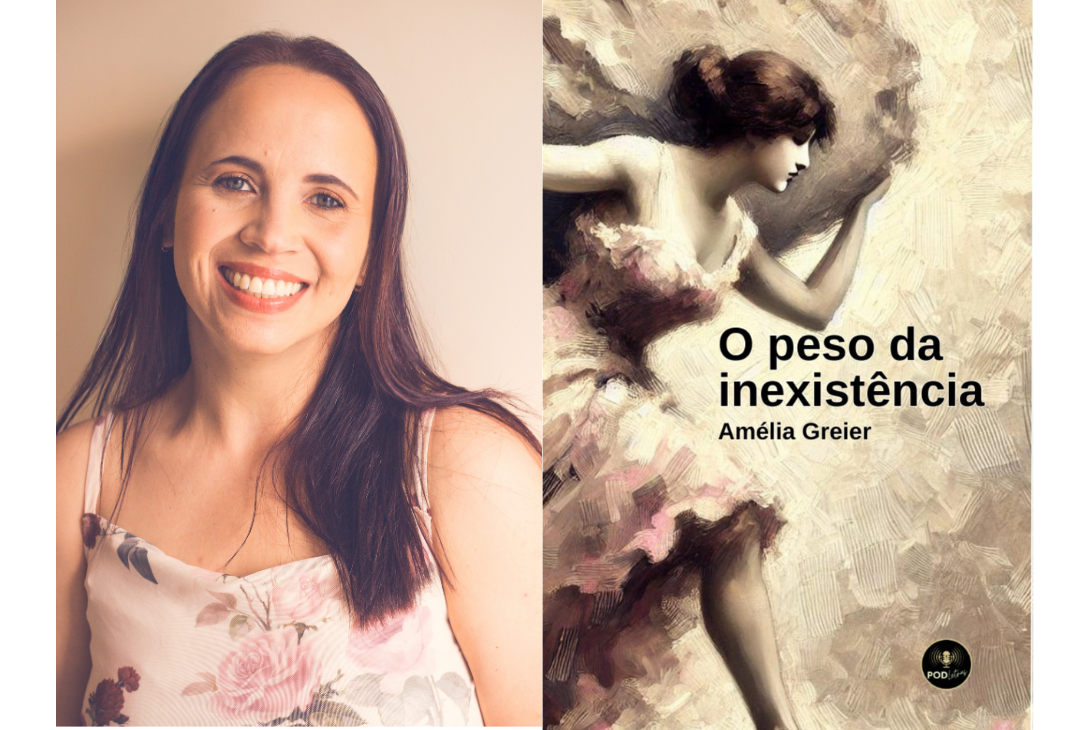 Foto-montagem com escritora e capa do livro.