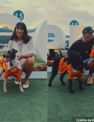 Foto dos atores e seus CãesDulas apadrinhados no Rio Open.