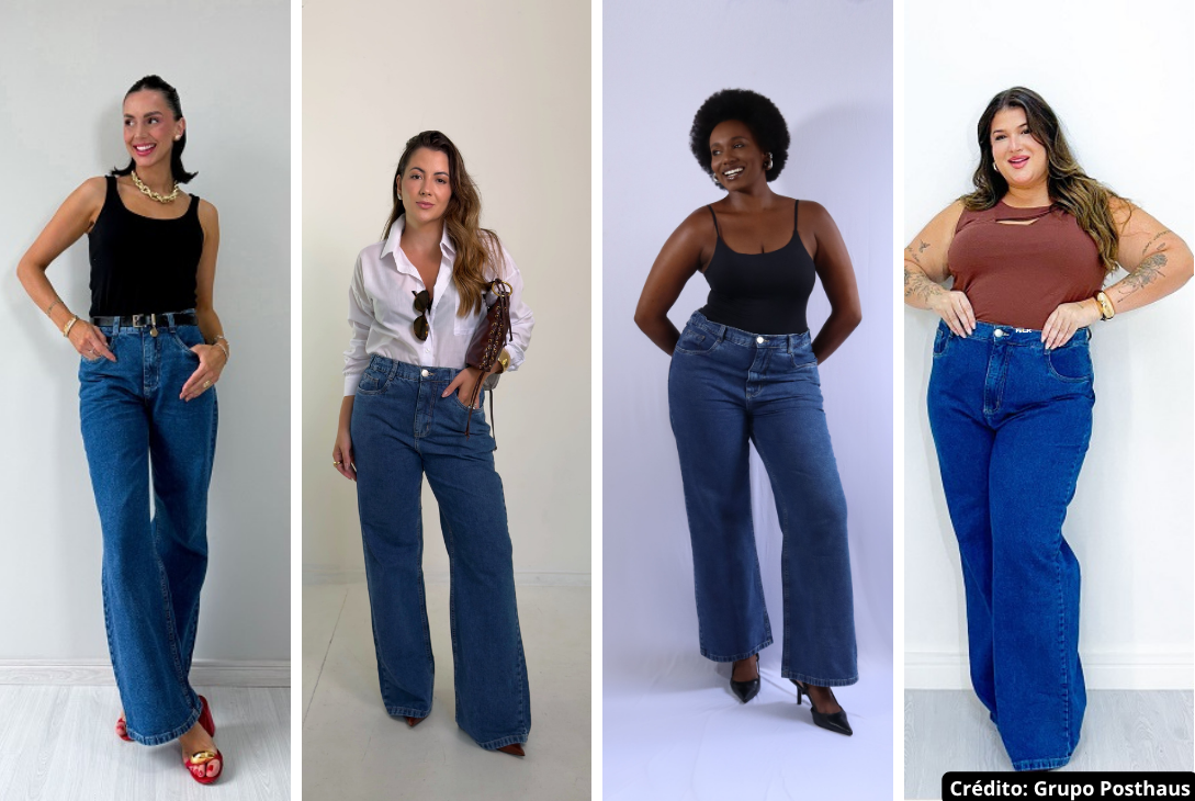 Foto de modelos com diferentes tamanhos utilizando a Denim.